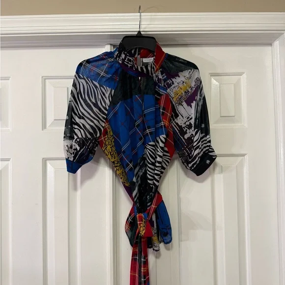 New York & Company Vibrant Red and Blue Patterned Blouse - Picture 2 of 6